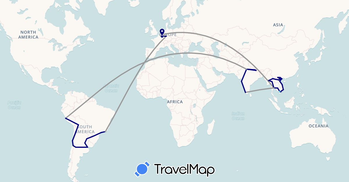 TravelMap itinerary: driving, plane, boat in Argentina, Belgium, Bolivia, Brazil, Chile, Germany, India, Cambodia, Laos, Myanmar (Burma), Nepal, Peru, Thailand, Vietnam (Asia, Europe, South America)
